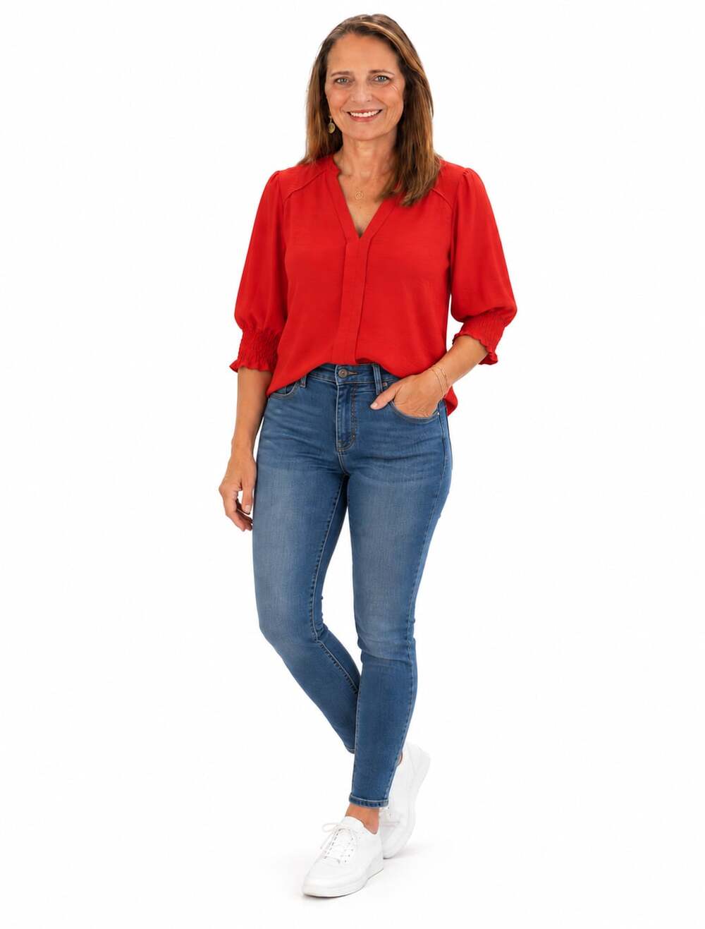 Umgee USA Women's Red Notched V-Neck Smocked Sleeve Blouse Top